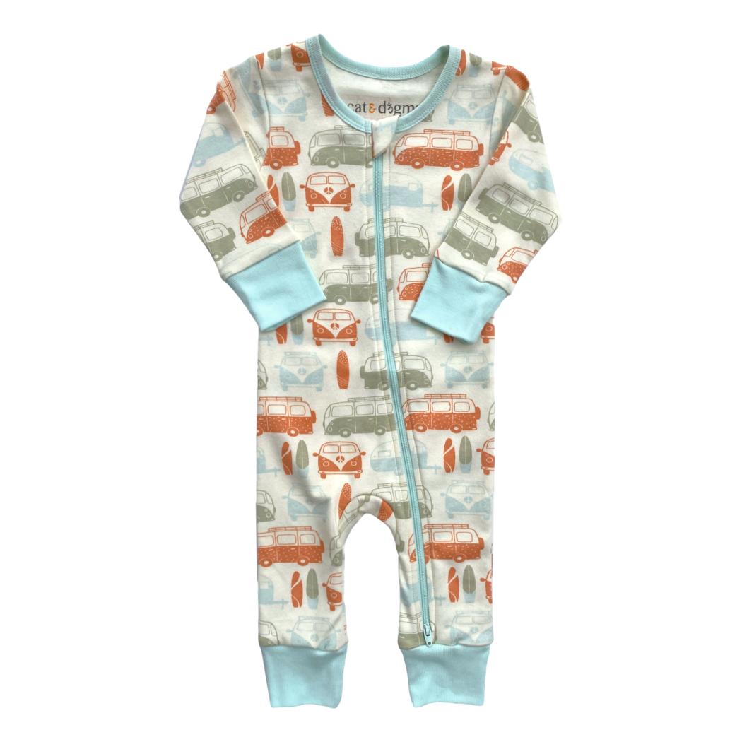 Organic Cotton Zip Romper, Vintage Busses