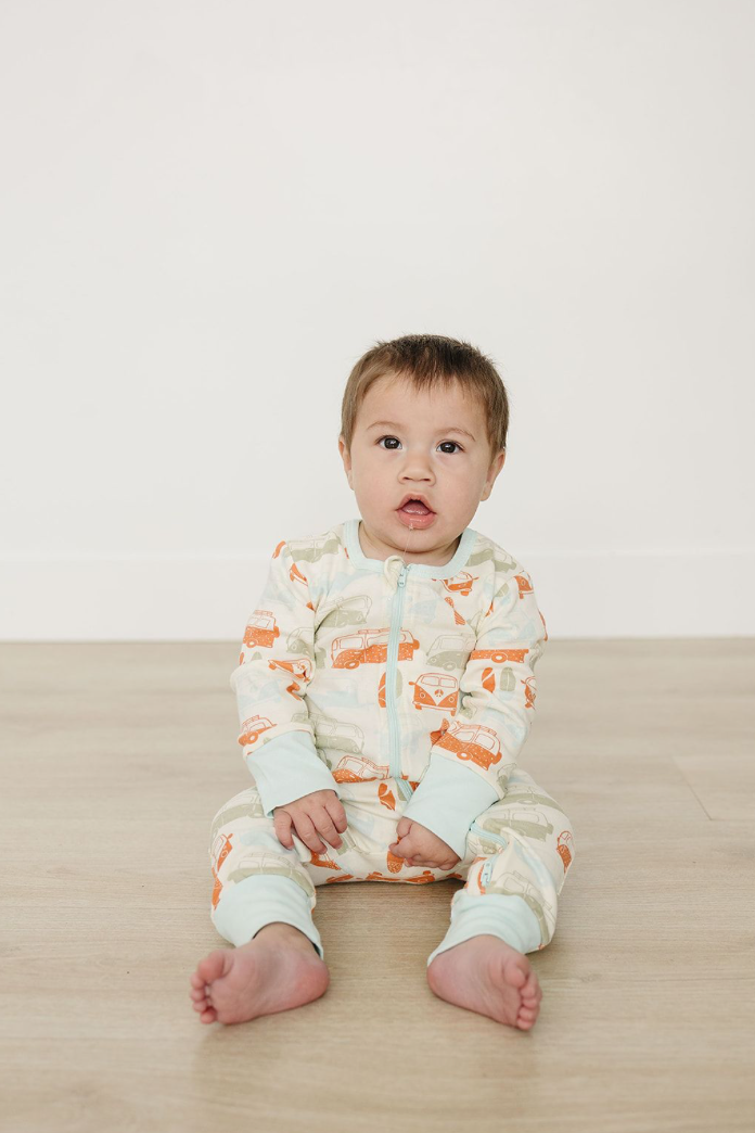 Organic Cotton Zip Romper, Vintage Busses