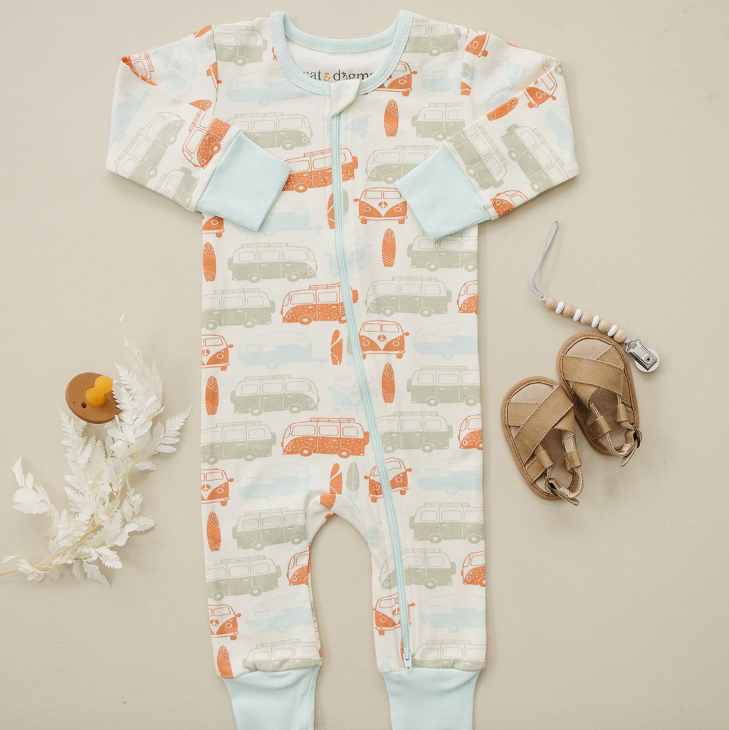 Organic Cotton Zip Romper, Vintage Busses
